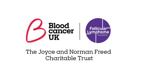 Blood Cancer UK B heart logo and Follicular Lymphoma UK purple circle logo.