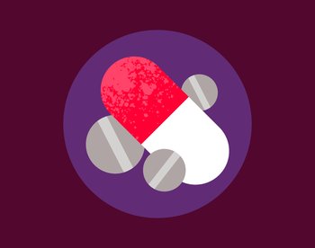 A icon showing tablets on a dark red background