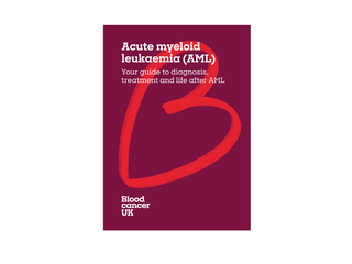 Image of the front cover of the AML booklet. The title on the cover is Acute myeloid leukaemia (AML): Your guide to diagnosis, treatment and life after AML.