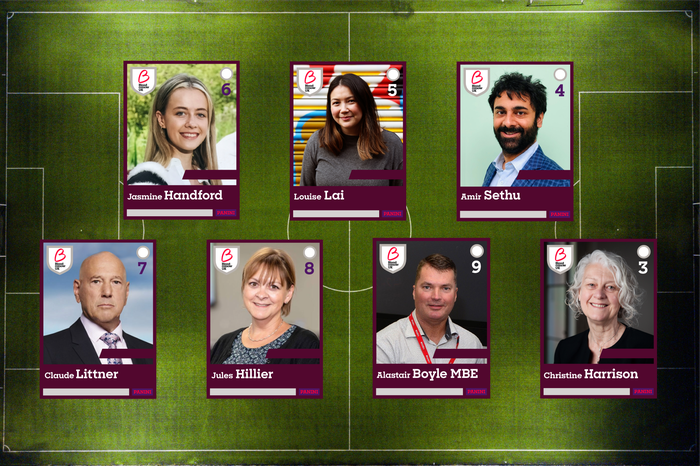 A football pitch background with Blood Cancer UK trustees as football stickers placed on top.