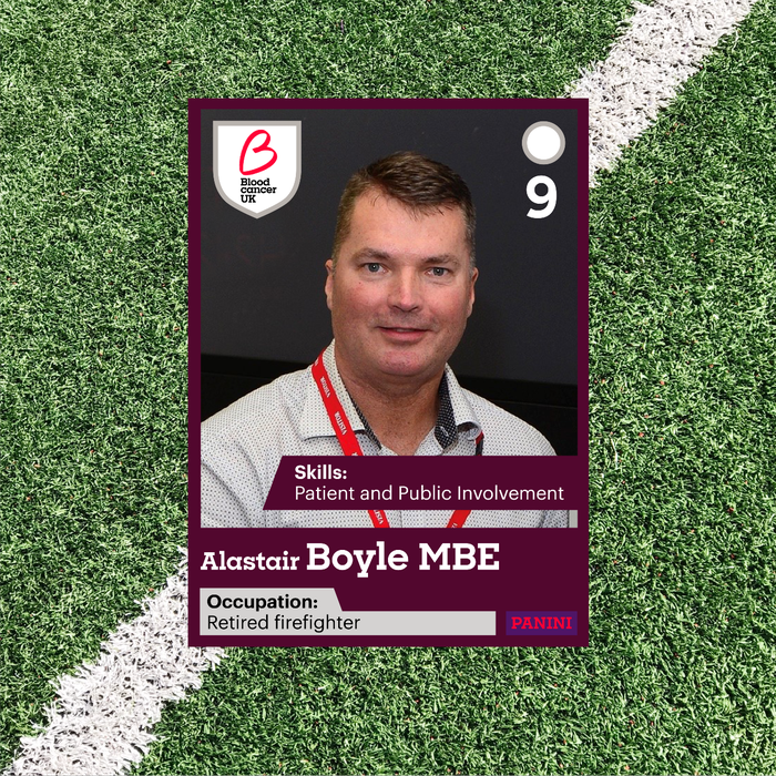 Alastair Boyle MBE, Trustee for Blood Cancer UK, smiling in the style of a Panini football sticker.