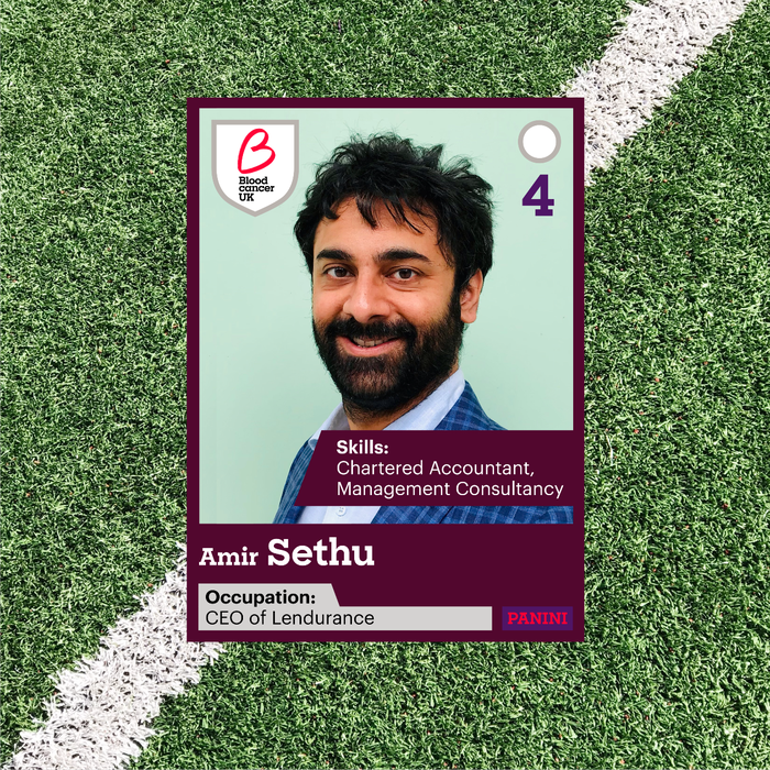 Blood Cancer Trustee, co-founder and CEO of Lendurance, Amir Sethu smiling as a panini football sticker.