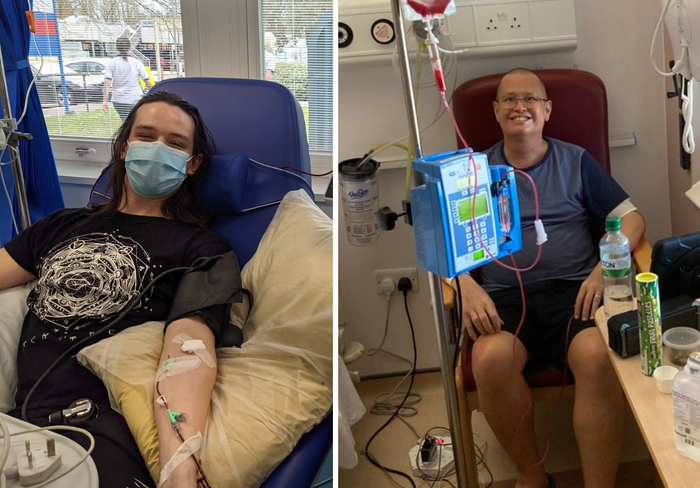 A split image, Ben sits in a hospital chair, donating stem cells via a catheter in his arm. His dad also sits in a hospital chair, smiling whilst receiving blood from a machine.