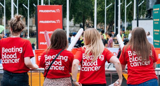 A group of Blood Cancer UK supporters stand at a cheer point at the Prudential RideLondon cycling event.