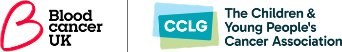Blood cancer written with red B-heart UK logo and CCLG logo, CCLG written in white with two blue and green rectangles behind it.