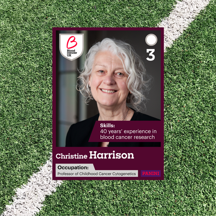 A panini sticker of a professional headshot of Christine Harrison, professor of Childhood Cancer Cytogenetics.