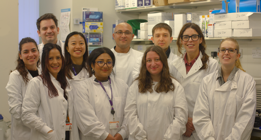 Dr Claire Roddie and her nine team members stood together in the lab, wearing lab coats, facing the camera smiling.
