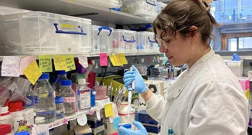 A lady wearing a white lab coating working away in the lab.