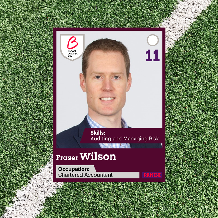 Panini sticker featuring an image of Fraser Wilson, a chartered accountant, and Blood Cancer UK trustee in front of a close up of football pitch.