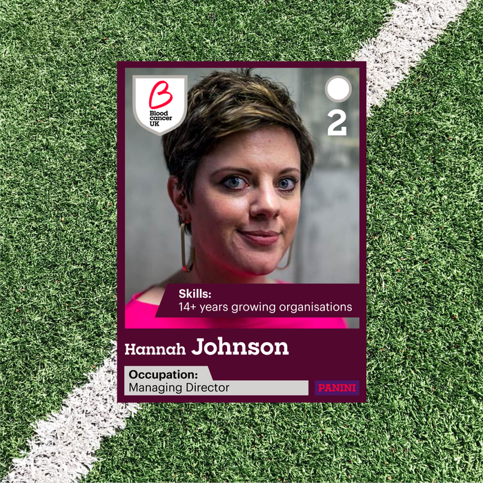 Hannah Johnson, Trustee for Blood Cancer UK, smiling in the style of a Panini football sticker.