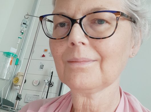 Jacquie in hospital on day 7 after her CAR T-cell infusion.