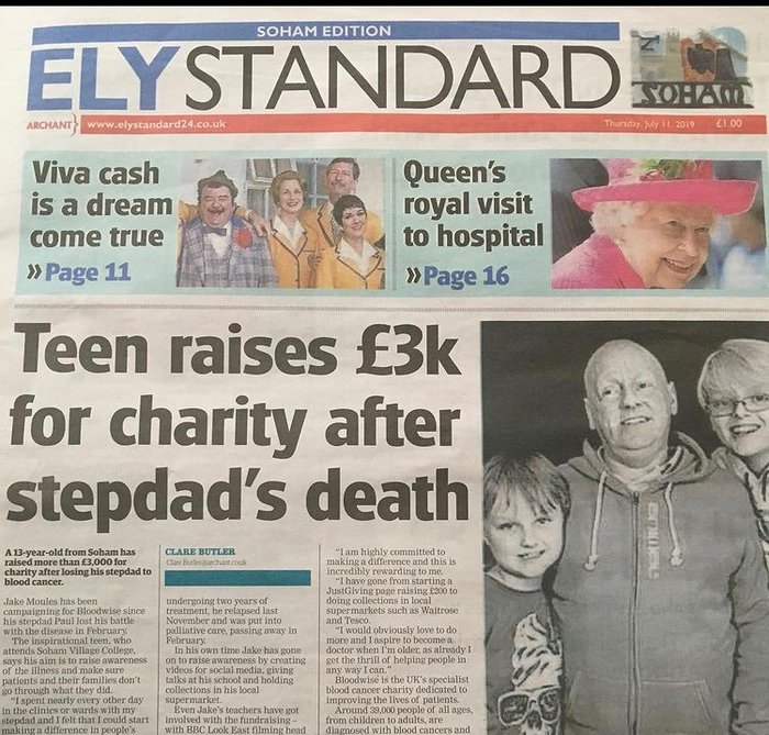 Photo of the Ely Standard with the headline 'Teen raises £3K for charity after stepdad's death' with black and white photo of Jake Moules and his stepdad.