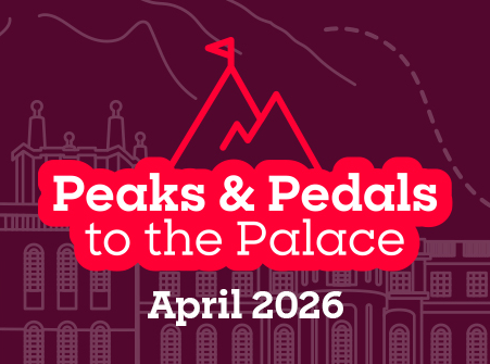 An image showing the Peaks & Pedals to the Palace logo April 2026