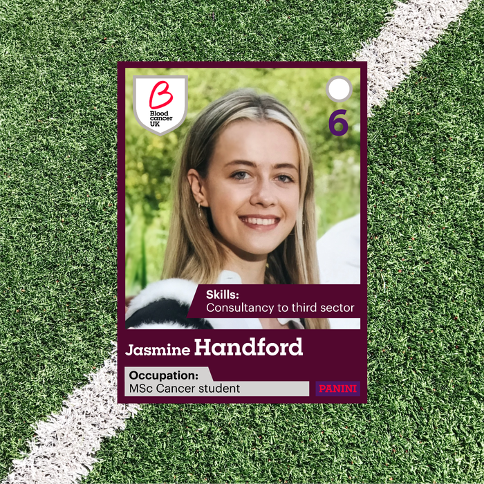 Panini sticker style photo of Jasmine Handford, Blood Cancer UK trustee in front of green grass background.