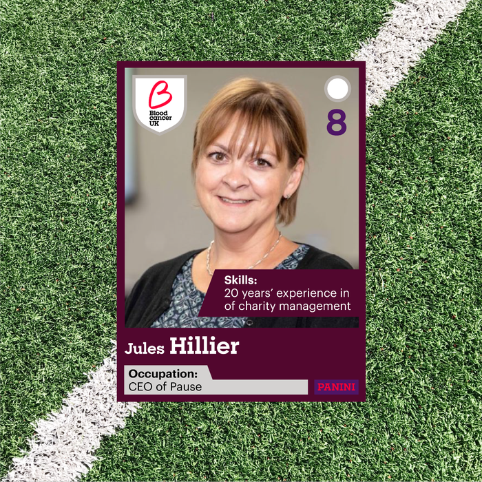 A panini sticker image of a close up photo of Jules Hiller, CEO of Pause.