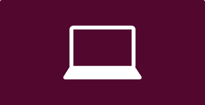 A Blood Cancer UK branded maroon and white icon of a laptop with a blank screen.