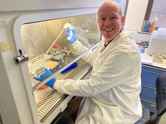 Dr Robbert Hoogeboom smiling sat working in the lab.