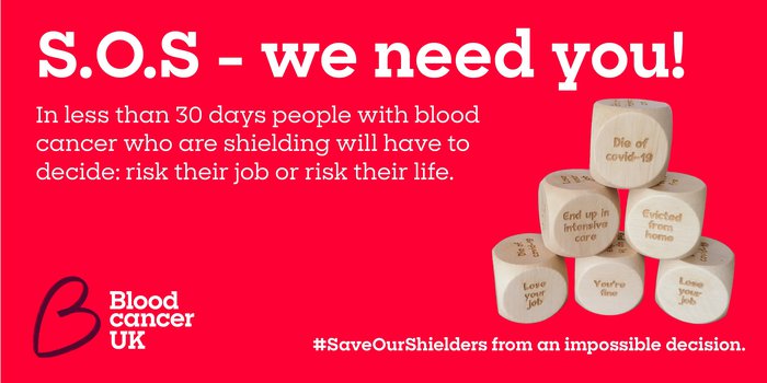 6 dice showing different scenarios people living with blood cancer face when having to shield alongside Blood Cancer UK branding.