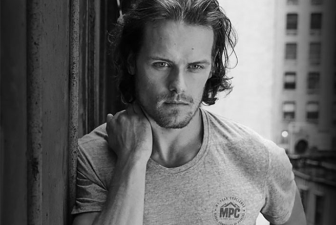 A head and shoulders shot of Sam Heughan (Blood Cancer UK's Scotland President), with the actor looking smoulderingly at the camera.