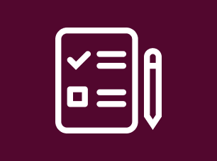 A Blood Cancer UK branded maroon and white icon of a checklist and pencil