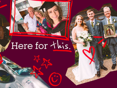 Collage of personal photos featuring a young person in a graduation cap, a family portrait, a wedding couple, a person kayaking, and someone at a bar. Red hand-drawn hearts, stars, arrows and a smiley surround the images, with the words “Here for this.” in the center.