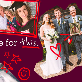 Collage of personal photos featuring a young person in a graduation cap, a family portrait, a wedding couple, a person kayaking, and someone at a bar. Red hand-drawn hearts, stars, arrows and a smiley surround the images, with the words “Here for this.” in the center.