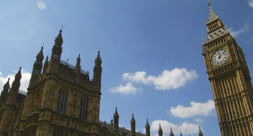Houses of Parliament taken from a low angle, looking up at the building.