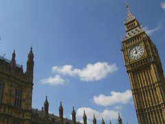 Houses of Parliament taken from a low angle, looking up at the building.