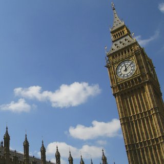 Houses of Parliament taken from a low angle, looking up at the building.