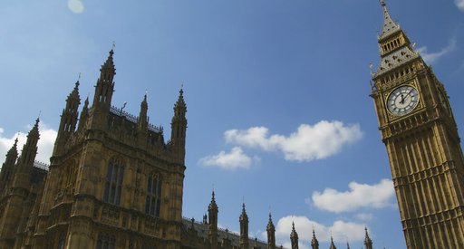 Houses of Parliament taken from a low angle, looking up at the building.