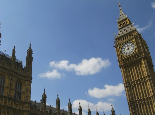 Houses of Parliament taken from a low angle, looking up at the building.