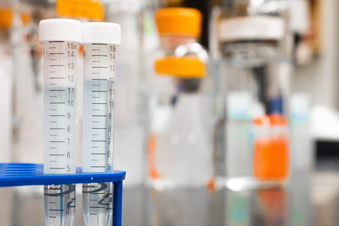 A close up of two test tubes filled with a clear liquid in a rack in a laboratory