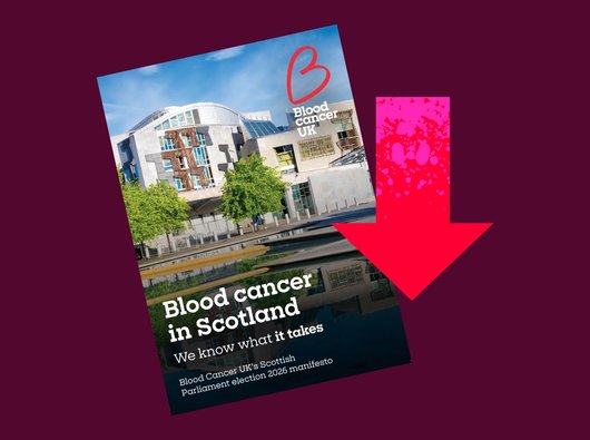 An image showing the cover of the  Blood Cancer UK Scottish Manifesto and a download arrow.