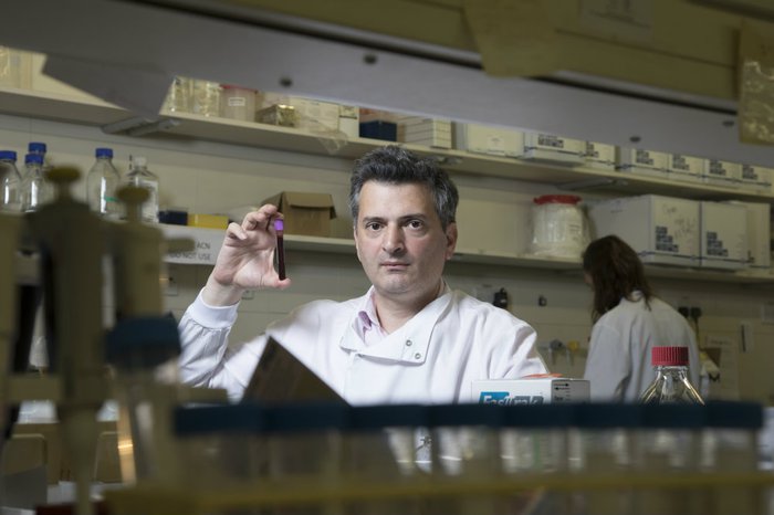 A scientist poses holding a test tube in a lab.