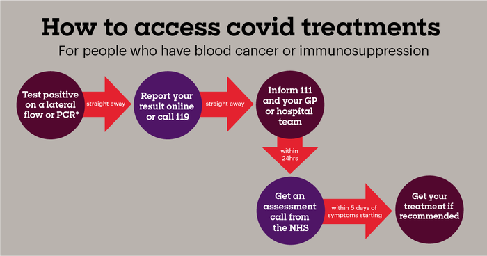 Graphic showing how to access covid treatment for people with blood cancer or immunosuppression:
1 Test positive on a government supplied lateral flow or PCR
2 Report your result online or call 119 straight away
3 Inform 111 and your GP or hospital team straight away
4 Get an assessment call form the NHS within 24 hours
5 Get your treatment, if recommended, within 5 days of symptoms starting