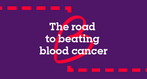 Image with the title "The Road to Beating Blood Cancer" and a dashed line indicating a road.