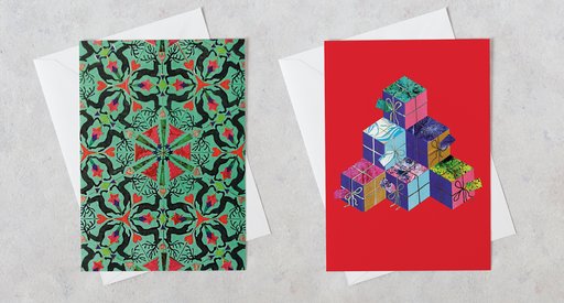 Two christmas cards sit side by side with festive, abstract patterns on each