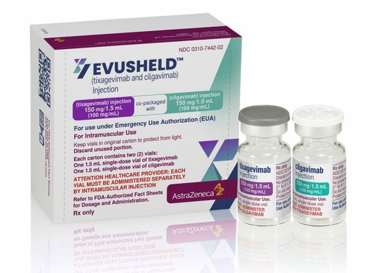 Image of the treatment Evusheld - a box with two vials of antibodies.