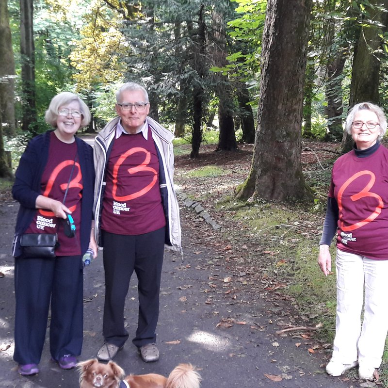 Three people wearing Blood Cancer UK t-shirts walk their dog through woodland, smiling at the camera