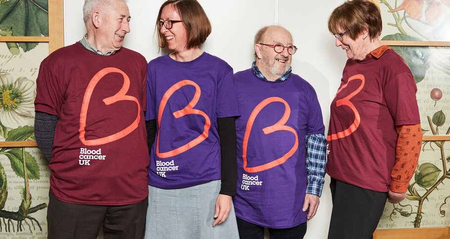 Two men and two women dressed in Blood Cancer UK t-shirts