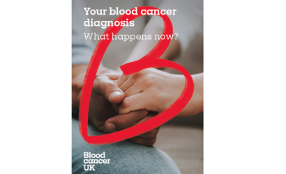 A publication cover titled "Your blood cancer diagnosis: What happens now?", with an image of hands being held supportively in close up.
