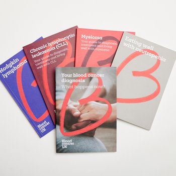 A selection of Blood Cancer UK health information booklets in different colours