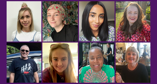 A collage of a group of eight people, smiling, as part of the 'Say Blood Cancer' campaign for Blood Cancer Awareness Month 2023.