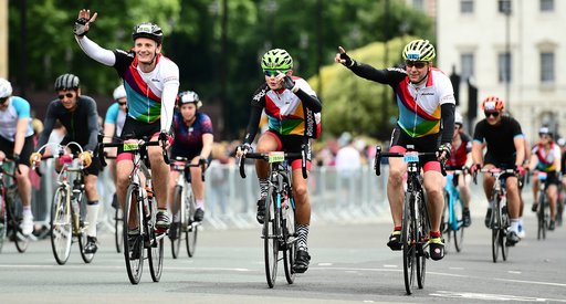Cyclists in Bloodwise shirts at the Prudential RideLondon-Surrey 100